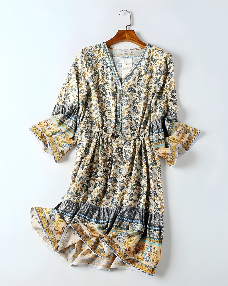 Bohemian Floral Viscose Mini Dress with Flared Sleeves