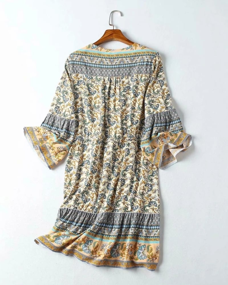 Bohemian Floral Viscose Mini Dress with Flared Sleeves - Image 2