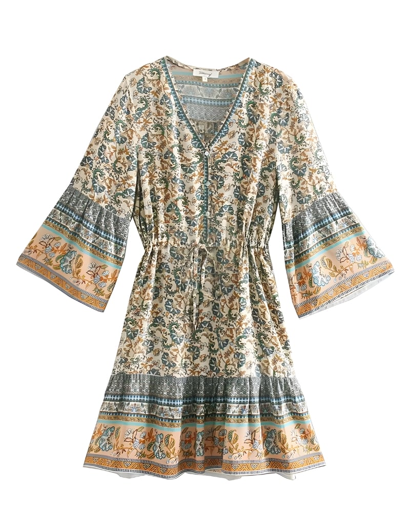 Bohemian Floral Viscose Mini Dress with Flared Sleeves - Image 6