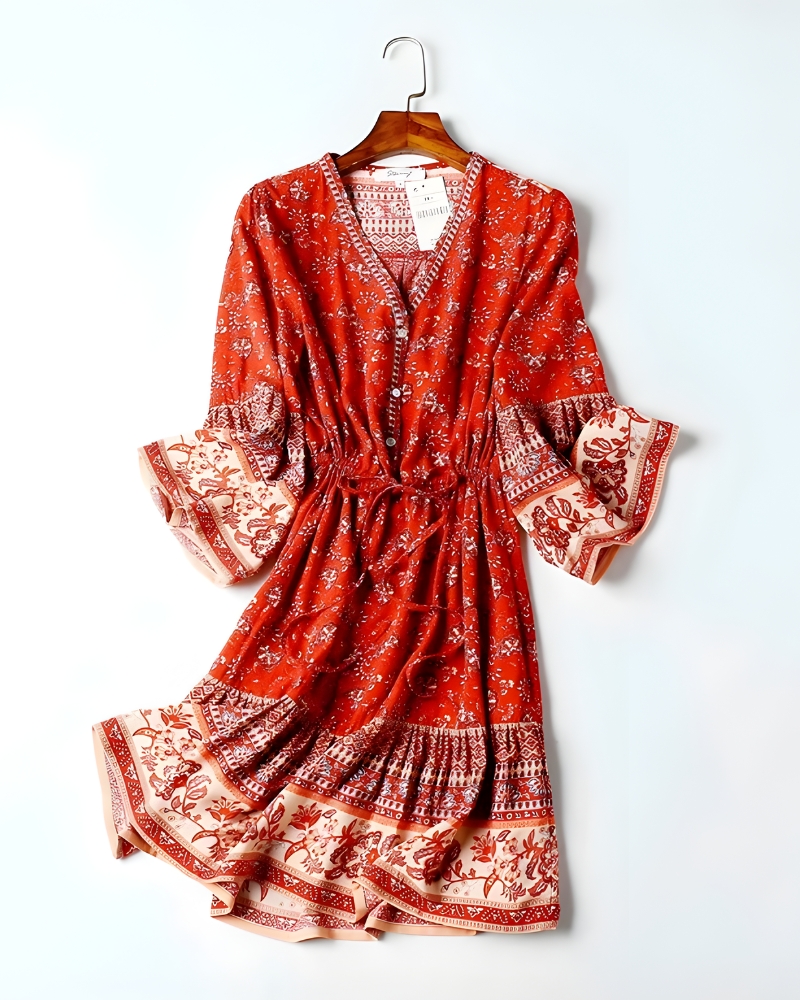 Bohemian Floral Viscose Mini Dress with Flared Sleeves - Image 5