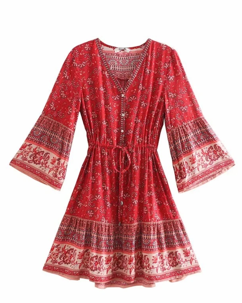 Bohemian Floral Viscose Mini Dress with Flared Sleeves - Image 4