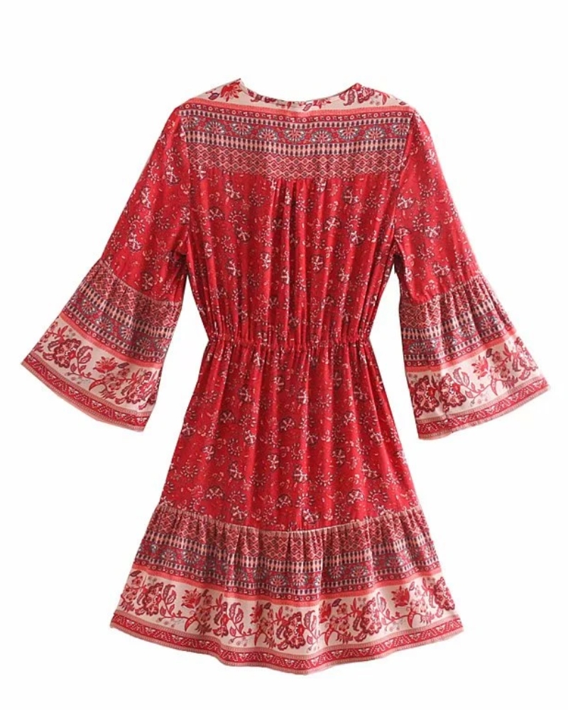 Bohemian Floral Viscose Mini Dress with Flared Sleeves - Image 3