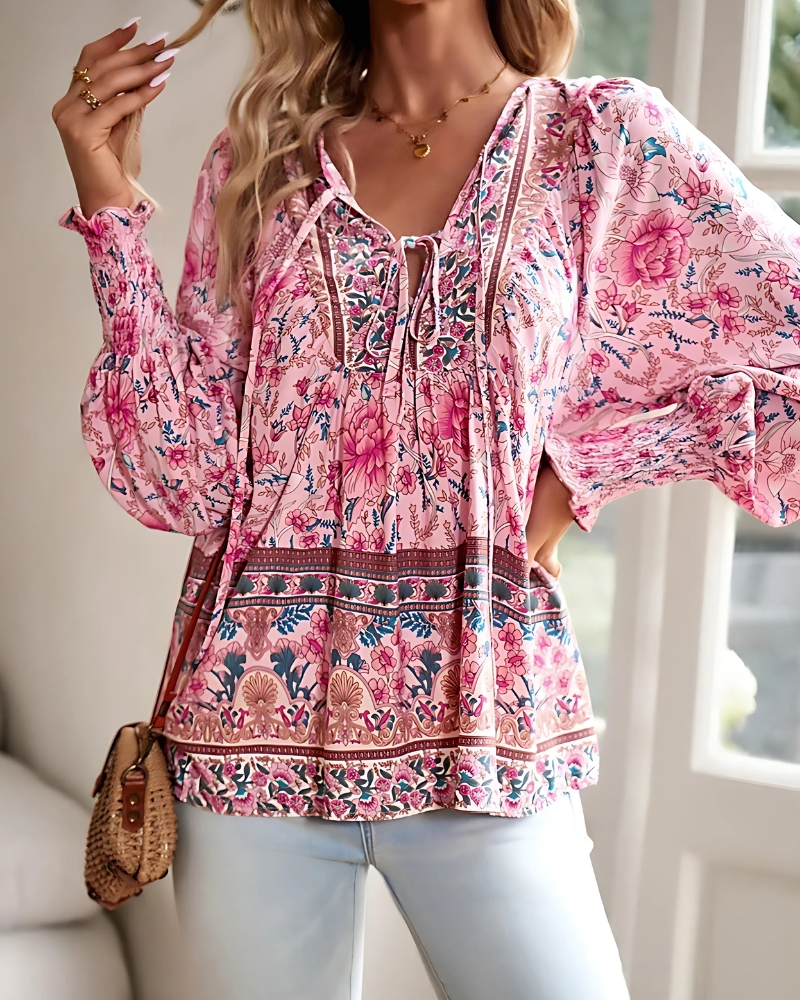 Floral Printi with Long Sleeves Casual Boho Style Blouse - Image 6