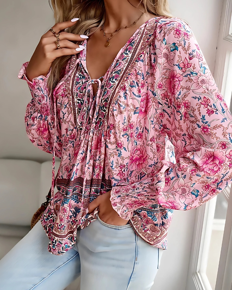 Floral Printi with Long Sleeves Casual Boho Style Blouse - Image 5