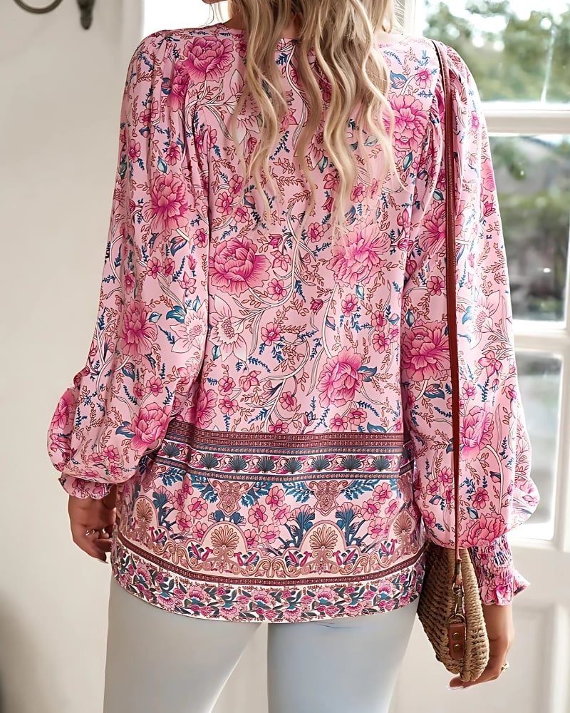 Floral Printi with Long Sleeves Casual Boho Style Blouse - Image 3