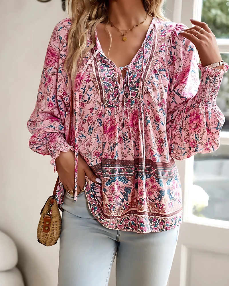 Floral Printi with Long Sleeves Casual Boho Style Blouse - Image 2