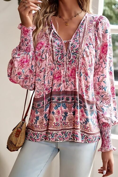 Floral printi with long sleeves casual boho style blouse