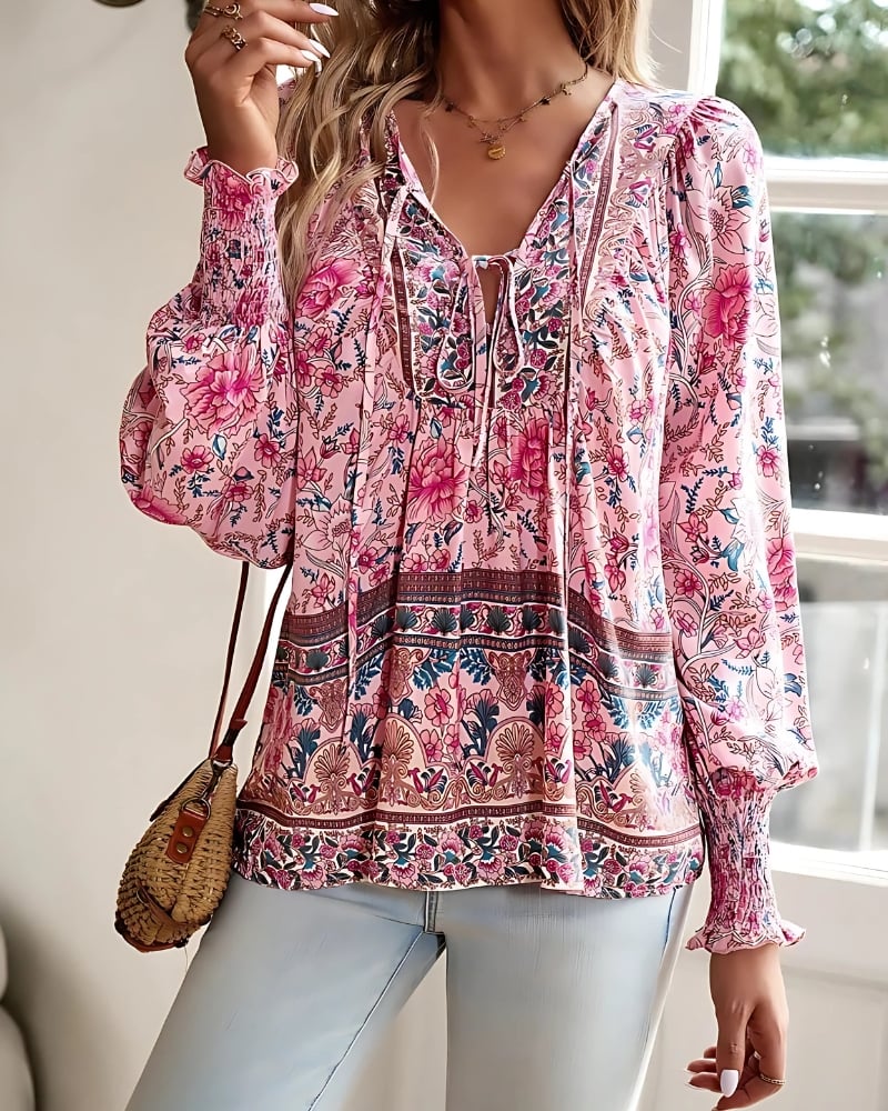 Floral Printi with Long Sleeves Casual Boho Style Blouse