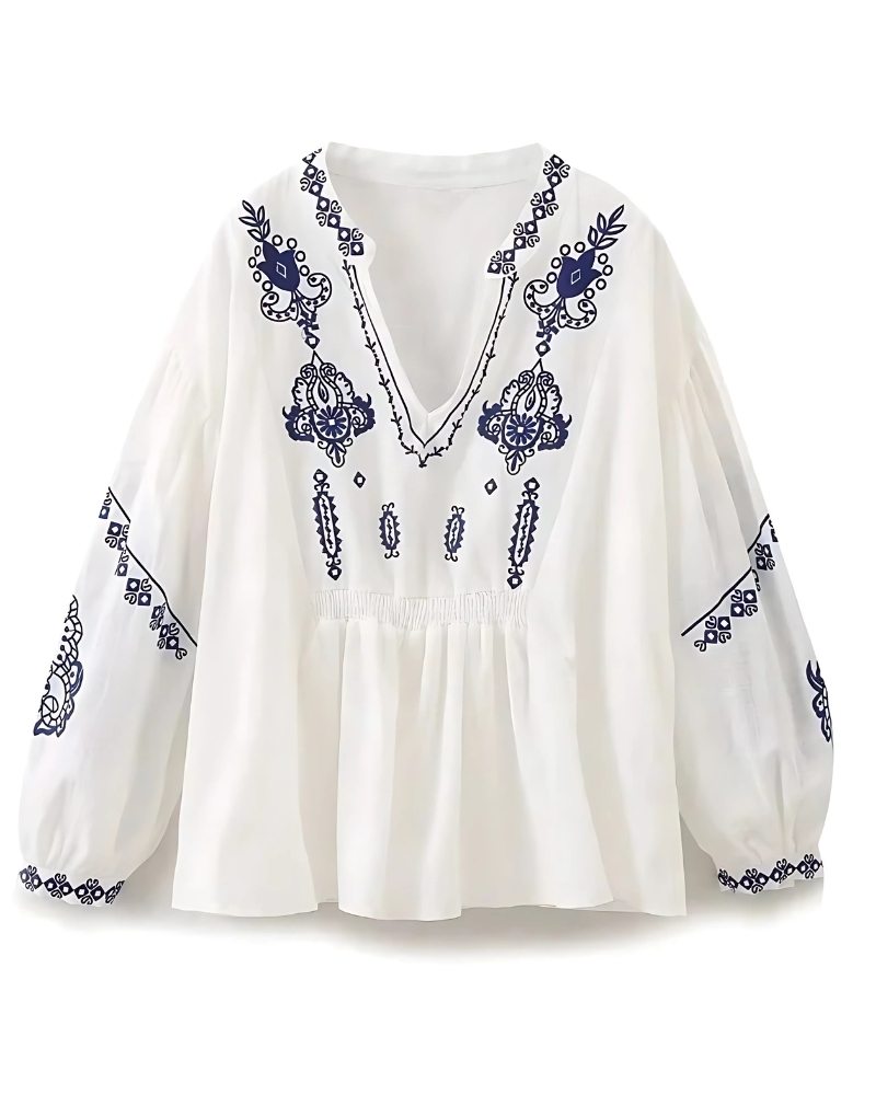 V-Neck Embroidered with Puff Sleeves Shirt - Image 2