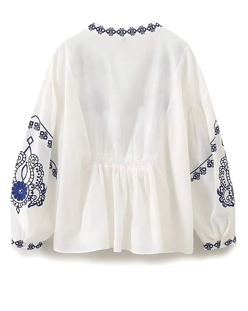 V-Neck Embroidered with Puff Sleeves Shirt - Image 3