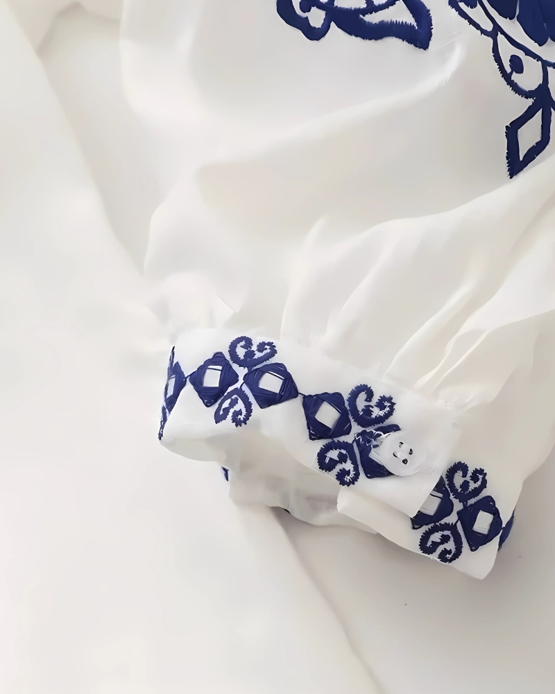 V-Neck Embroidered with Puff Sleeves Shirt - Image 4