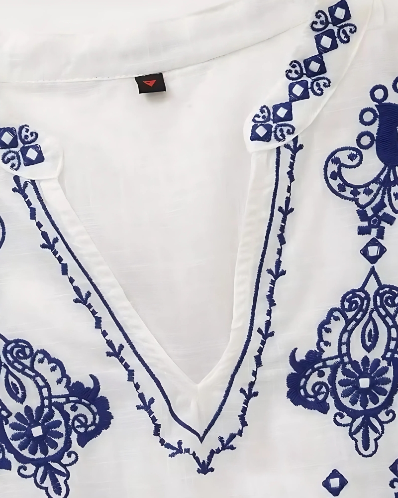 V-Neck Embroidered with Puff Sleeves Shirt - Image 5