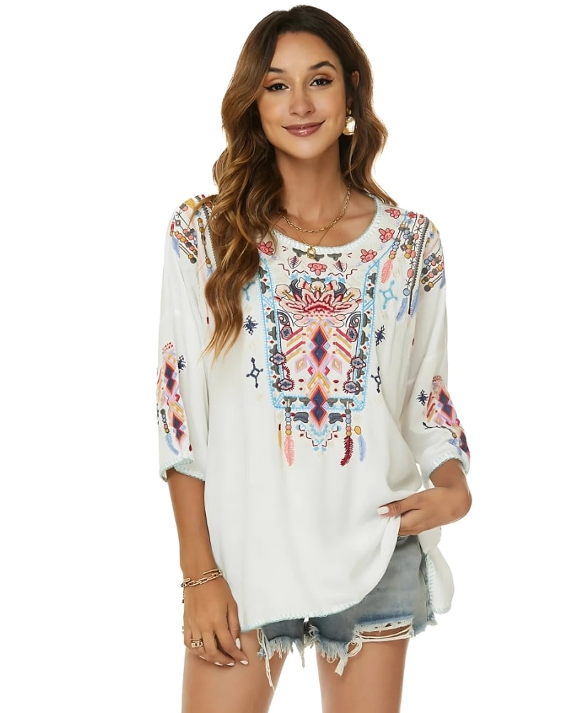 With Round Neck Vintage Embroidered Blouse