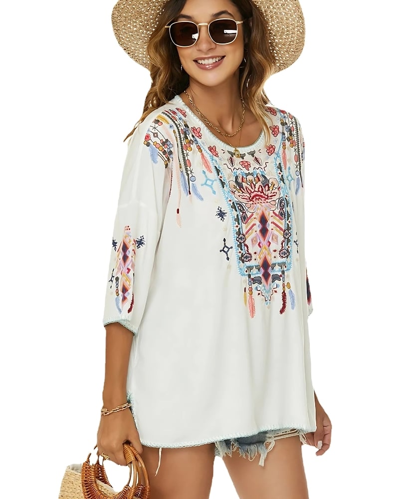 With Round Neck Vintage Embroidered Blouse - Image 3