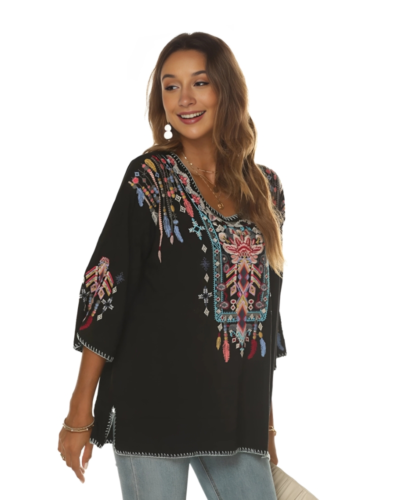With Round Neck Vintage Embroidered Blouse - Image 7