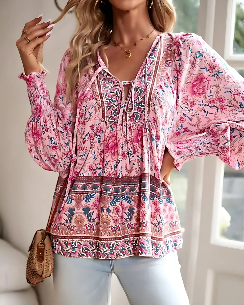 Floral Long Sleeves V-Neck with Pompons Blouse