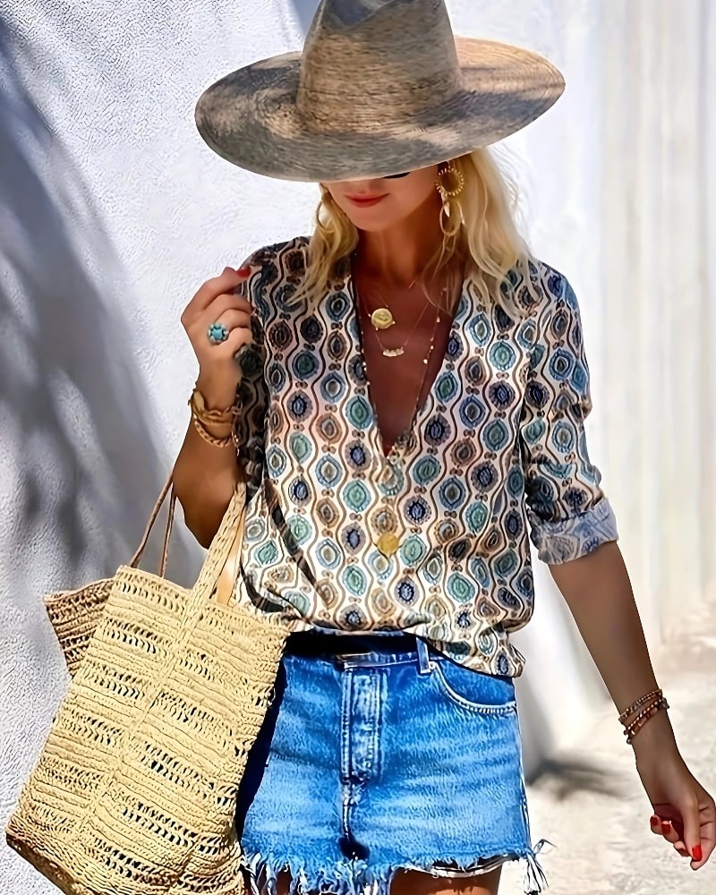 Casual with Long Sleeves and V-Neck Blouse - Image 2