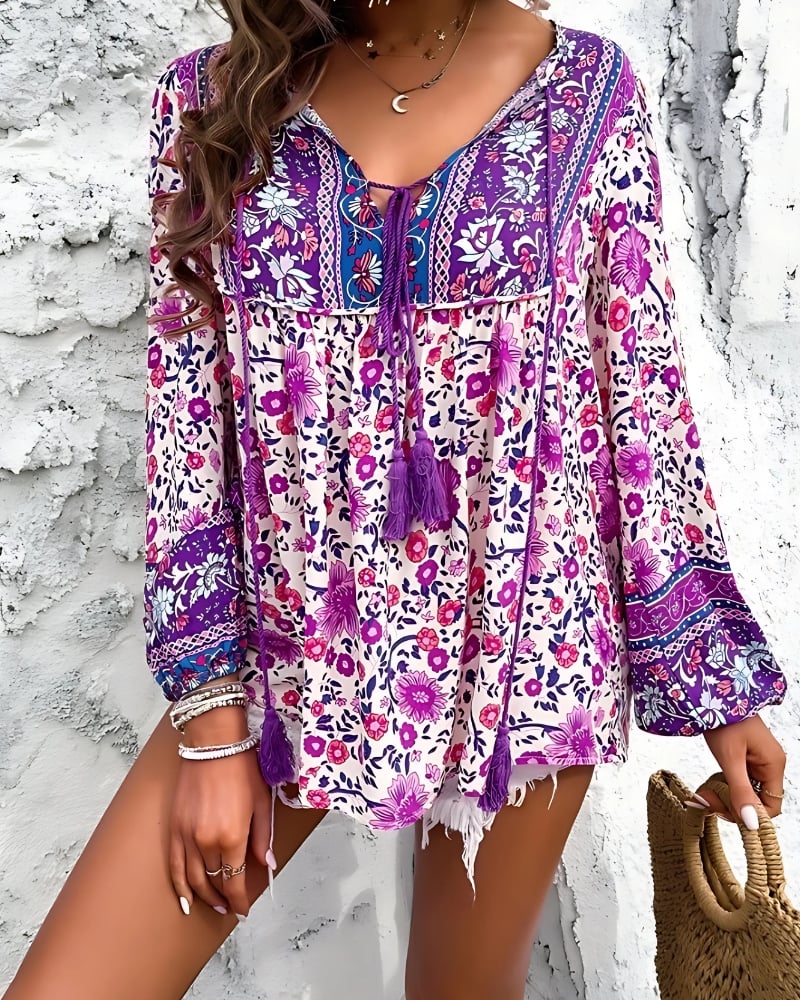 Print with Long Sleeves Casual Bohemian Blouse