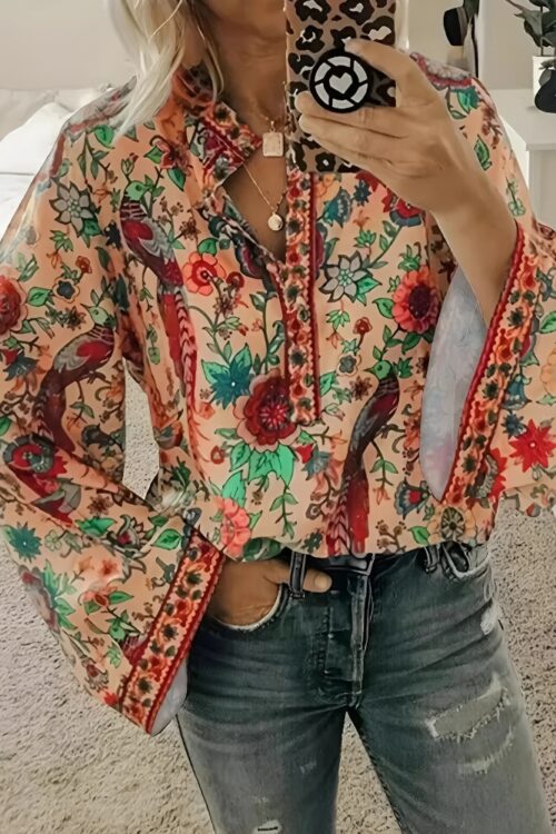 Floral print V-neck casual long sleeves boho style blouse