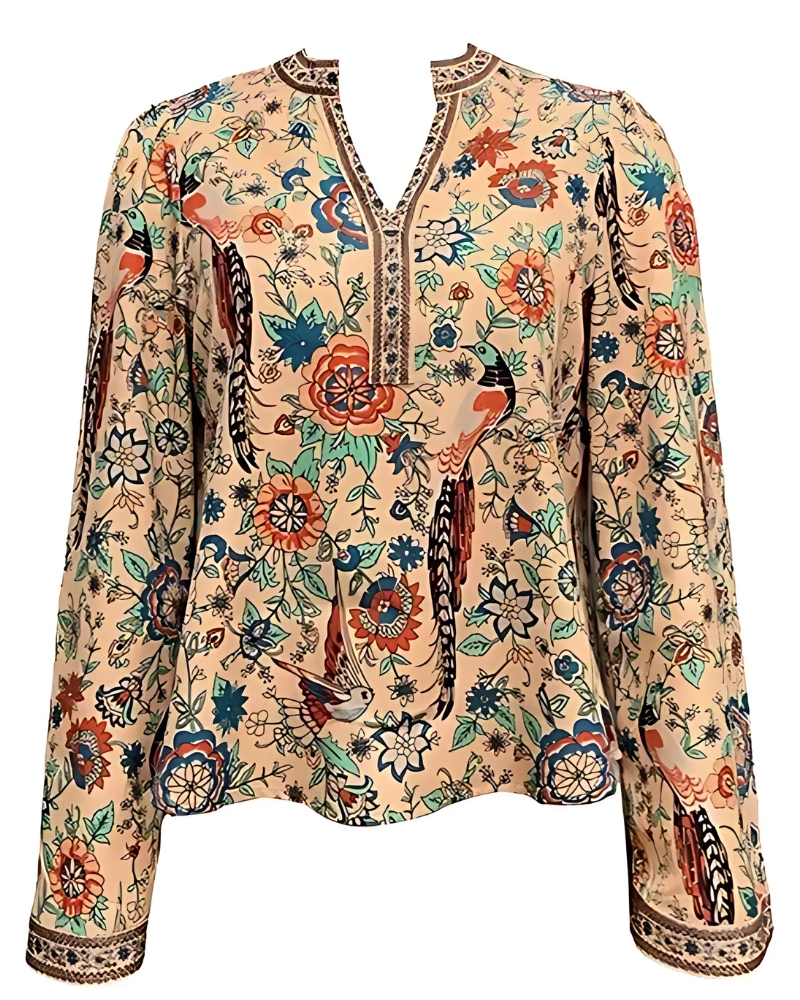 Floral Print V-Neck Casual Long Sleeves Boho Style Blouse - Image 2