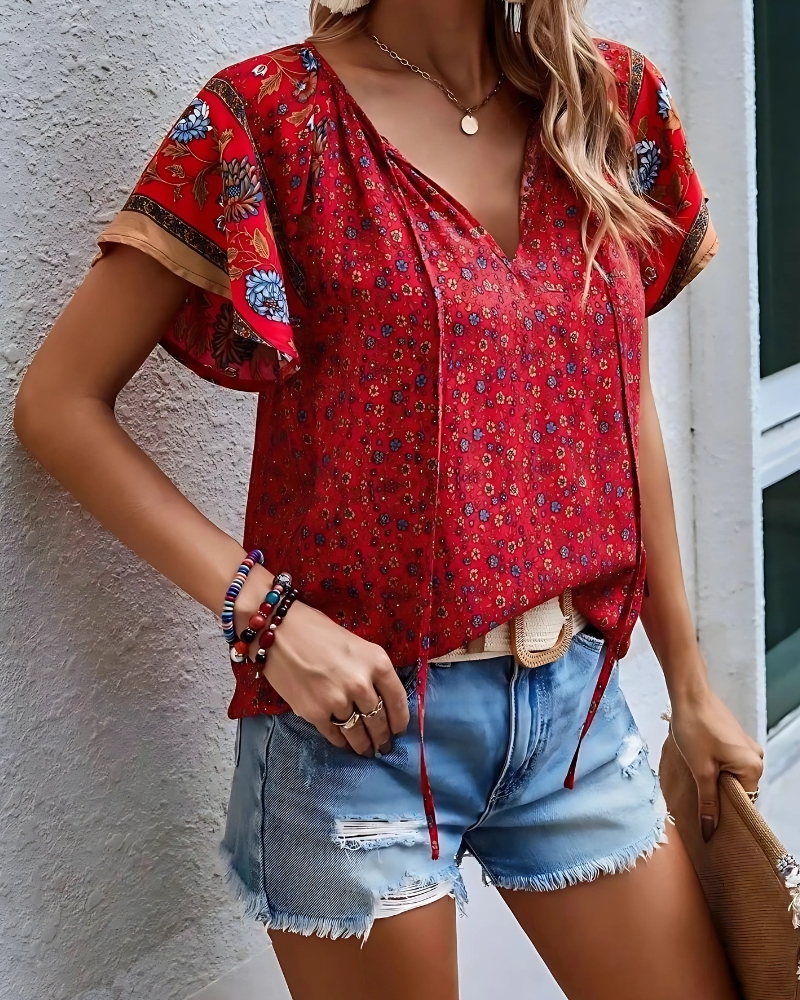 With Floral Print V-Neck Short Sleeves Boho Style Casual Blouse - Image 10