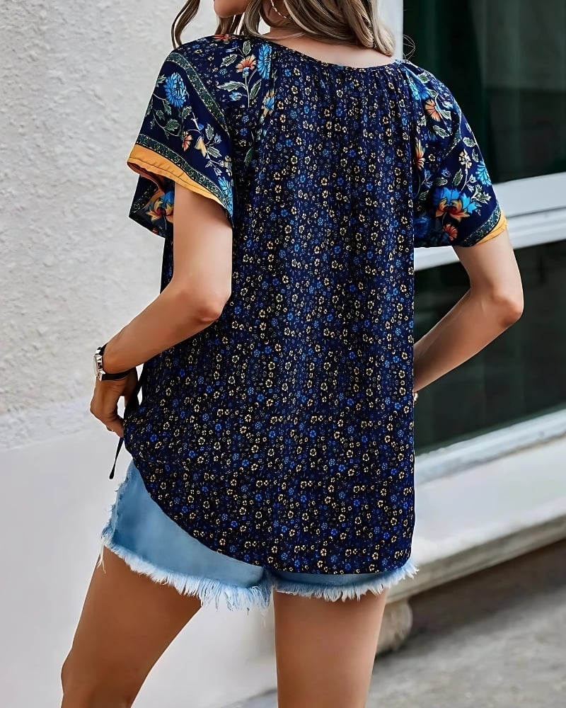 With Floral Print V-Neck Short Sleeves Boho Style Casual Blouse - Image 9