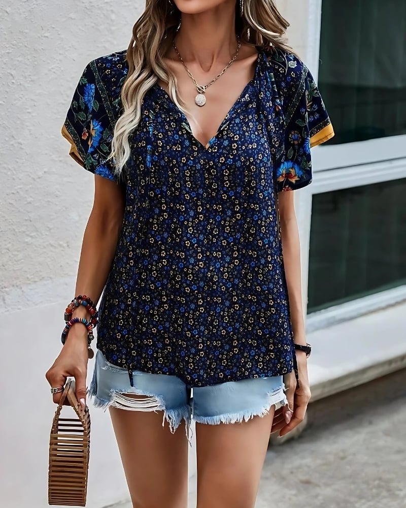 With Floral Print V-Neck Short Sleeves Boho Style Casual Blouse - Image 8