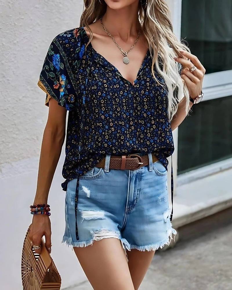 With Floral Print V-Neck Short Sleeves Boho Style Casual Blouse - Image 6