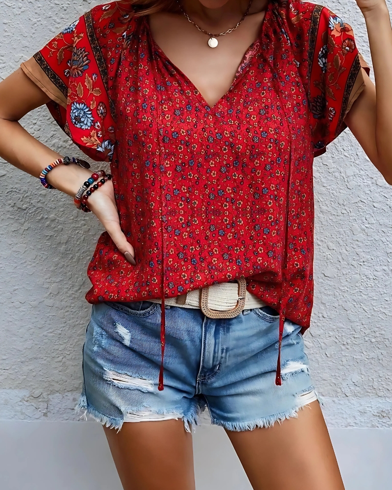With Floral Print V-Neck Short Sleeves Boho Style Casual Blouse - Image 13