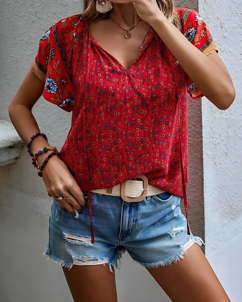 With Floral Print V-Neck Short Sleeves Boho Style Casual Blouse - Image 12