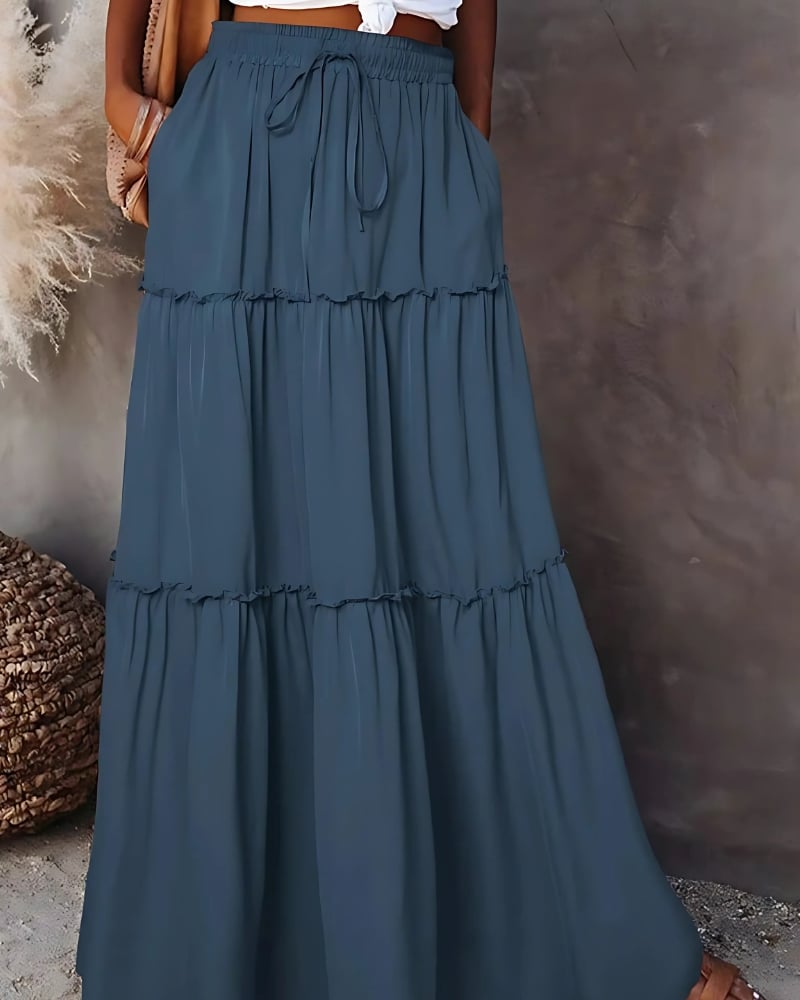 With Layered Ruffles Solid Color High-Waist Maxi Skirt - Image 3