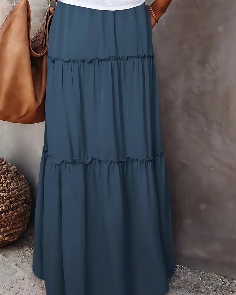 With Layered Ruffles Solid Color High-Waist Maxi Skirt - Image 2