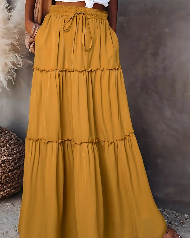 With Layered Ruffles Solid Color High-Waist Maxi Skirt - Image 6