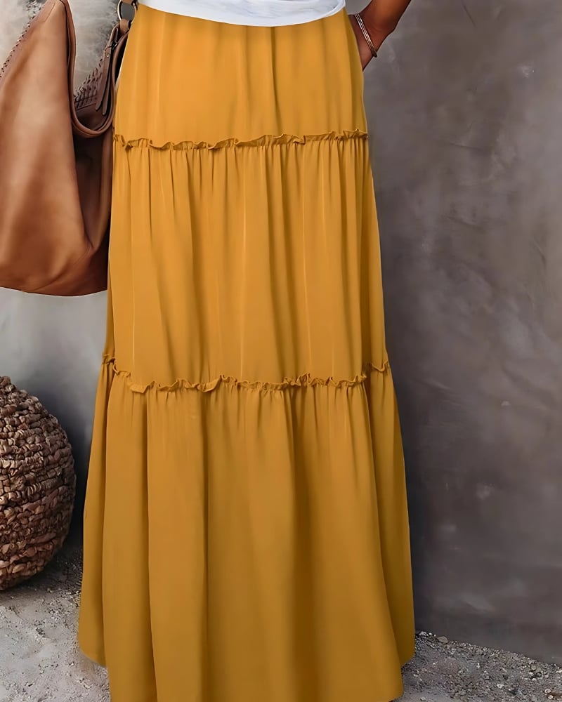 With Layered Ruffles Solid Color High-Waist Maxi Skirt - Image 5