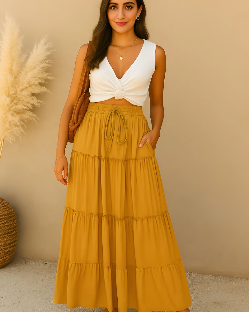 With Layered Ruffles Solid Color High-Waist Maxi Skirt - Image 4