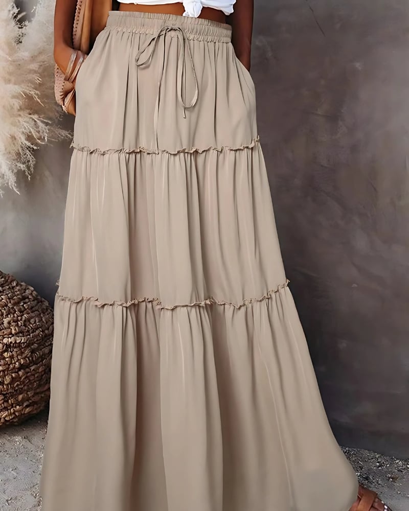 With Layered Ruffles Solid Color High-Waist Maxi Skirt - Image 9