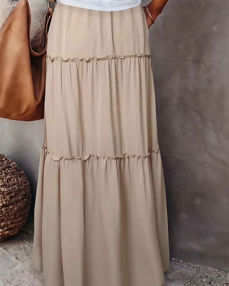 With Layered Ruffles Solid Color High-Waist Maxi Skirt - Image 8