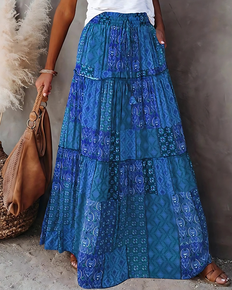 Bohemian Maxi Skirt High-Waist Tiered with Pockets