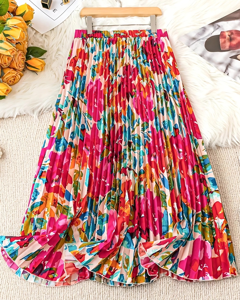 Elegant pleated high-waist with floral print casual maxi skirt - Image 2