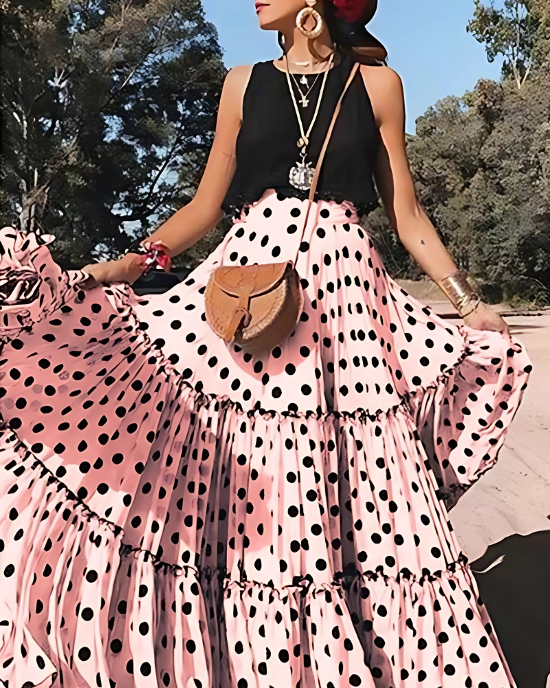 Pleated with ruffles high-waist bohemian style maxi skirt - Image 2