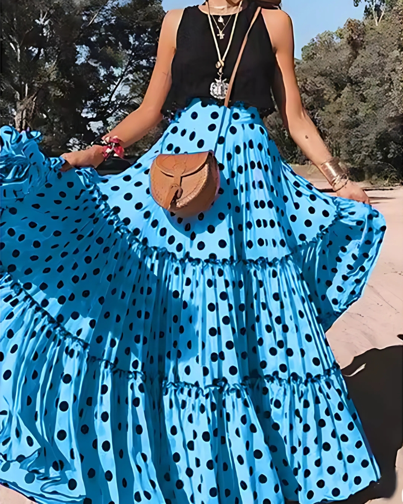 Pleated with ruffles high-waist bohemian style maxi skirt - Image 3