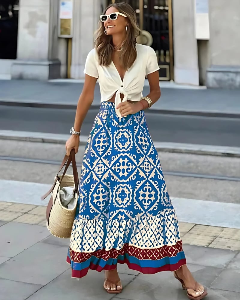 For Women Retro Print with Ruffles Maxi Skirt
