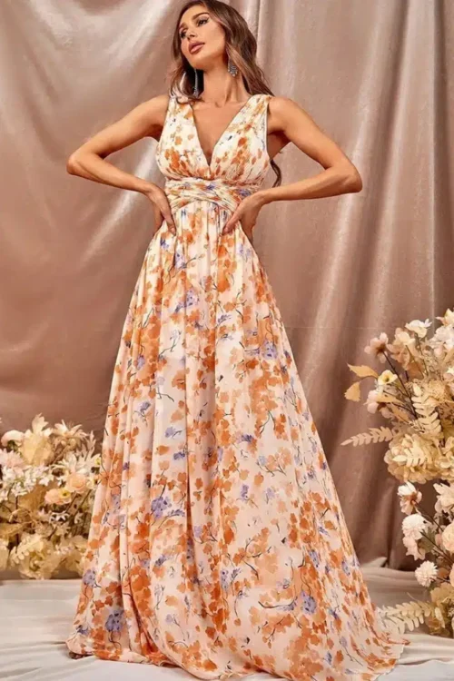 Bohemian maxi dress and elegant with print of fleur