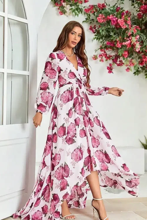 Bohemian with sleeve long with and V-neck dress