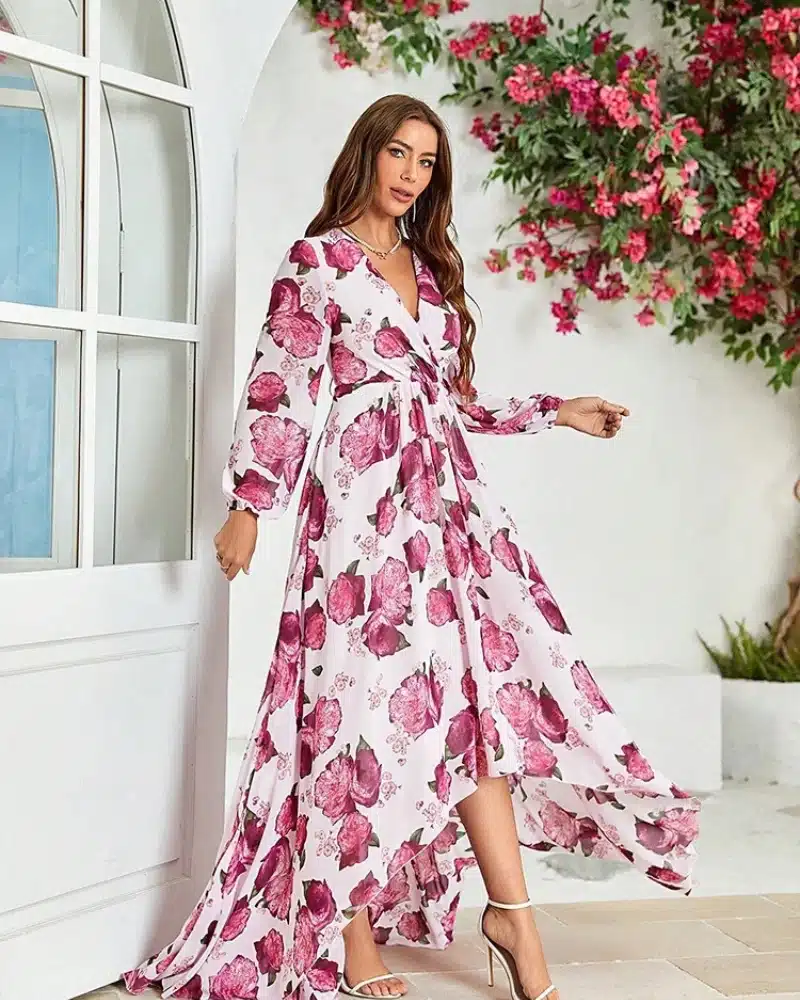 Bohemian with Sleeve Long with and V-Neck Dress