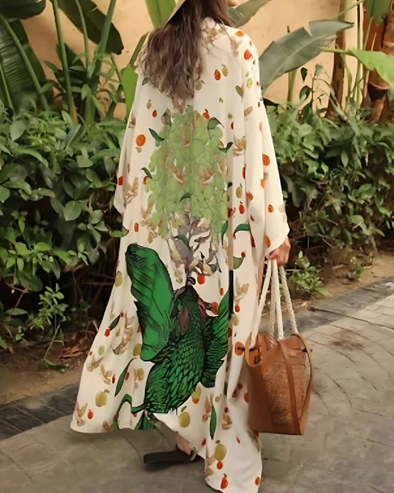 Beach with Dessin with Long Sleeves Kimono Dress