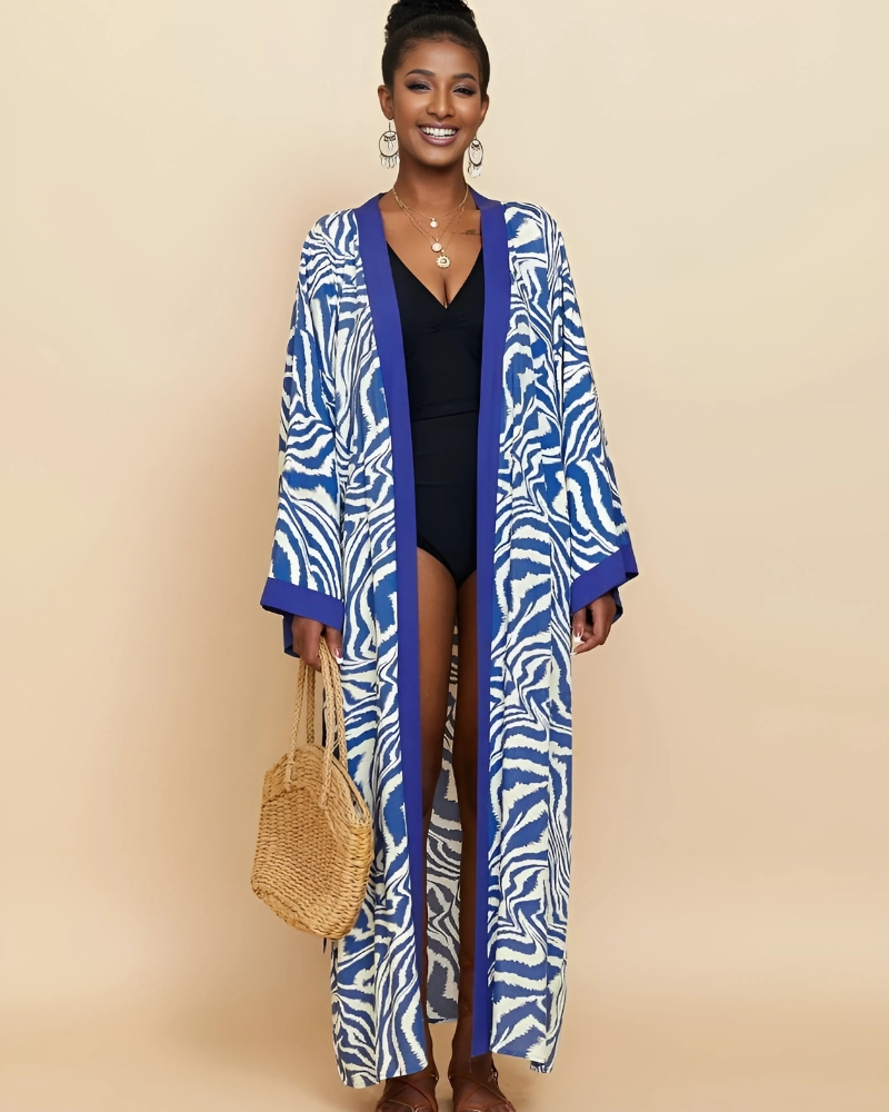 Long Printed with Belt Kimono Dress