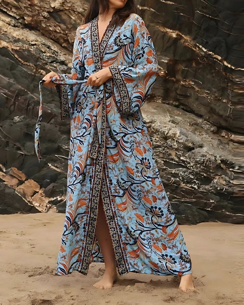 Long Floral Retro Kimono Dress