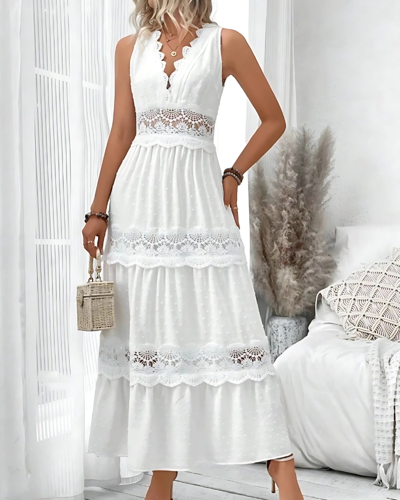 V-Neck White with Ruffles Lace Dress - Image 3