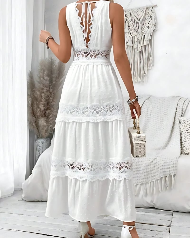 V-Neck White with Ruffles Lace Dress - Image 4
